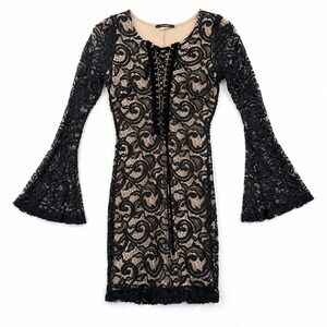 Cameo Lace-Up Bell Sleeve Mini Dress Womens M Black Gothic Whimsigoth Steampunk